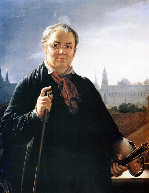 Василий Тропинин - Автопортрет с кистями на фоне Московского Кремля (1844).