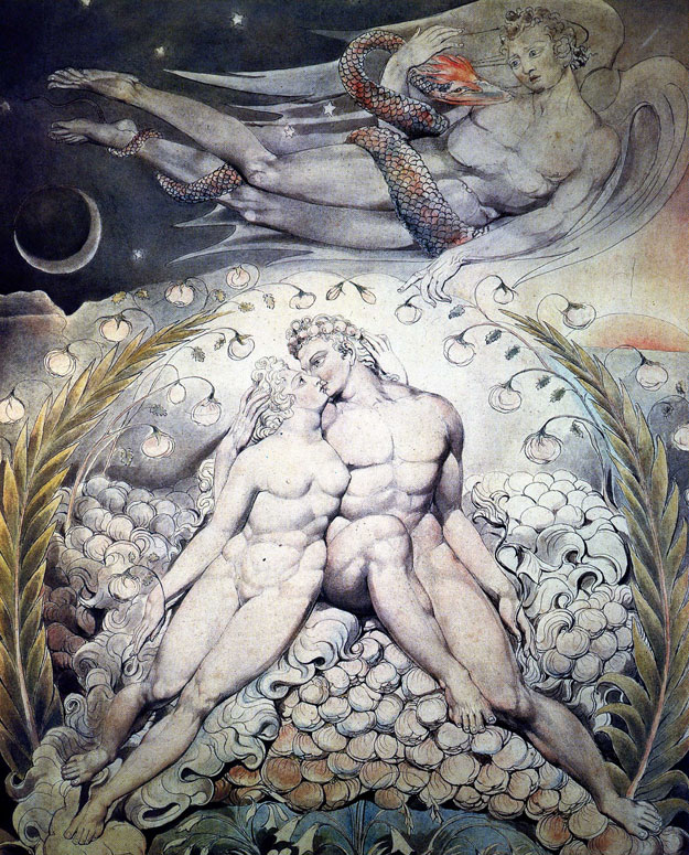Уильям Блейк - «Сатана задумывает искусить Адама и Еву» (1808).